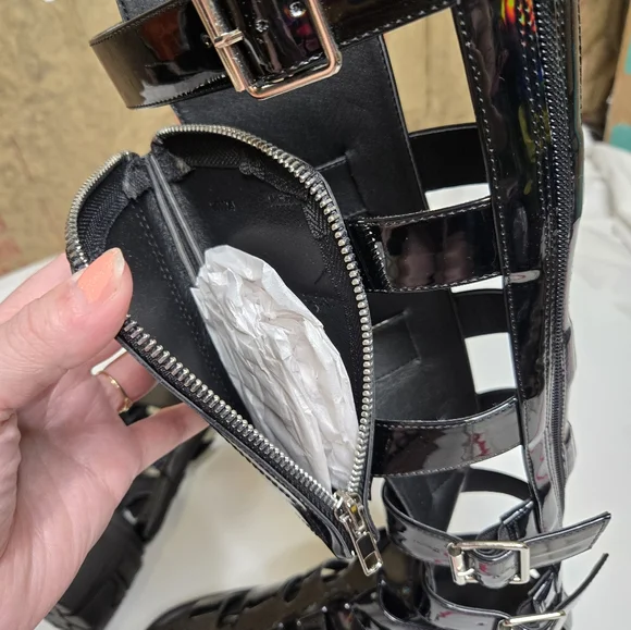 DOLLS KILL Club Exx black holographic stage‎ diver zip pouch gladiator sandals 9 - Picture 7 of 12